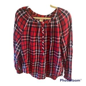 Faded Glory, red/navy plaid shirt with silver metallic thread accents. EUC.